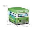Zöld autóbusz mintás gyerekszobai puff használatra készen külső méretekkel