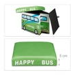 Összecsukható és kinyitható gyerekszobai zöld autóbusz mintás puff félig összehajtva 