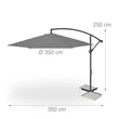 Markai 300 cm átmérőjű függő napernyő felállítva méretekkel