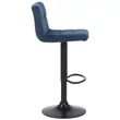 Kék színű állítható magasságú lábtartós bárszék plüs bársony kárpitozással lábtartós matt fekete acél talprésszel oldalról