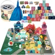 100 darabos fa építőjáték készlet város mintával különböző épületekkel és puzzle szőnyeggel