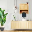 Bambusz natúr színű Lamell fali fürdőszobai szekrény mosdó felé felfúrva 
