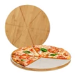 2 db pizza vágódeszka szettben bambuszból sütőpapírral és egy felszeletelt pizzával