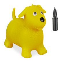 Cuki kis ugráló kutyus sárga színben jobb oldalán a pumpával