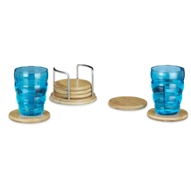 Bambusz poháralátét szett acél tartóval és kék poharakkal
