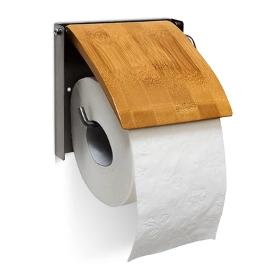 Bin fali Wc papír tartó bambuszból és rozsdamentes acélból egy tekercs wc papírral