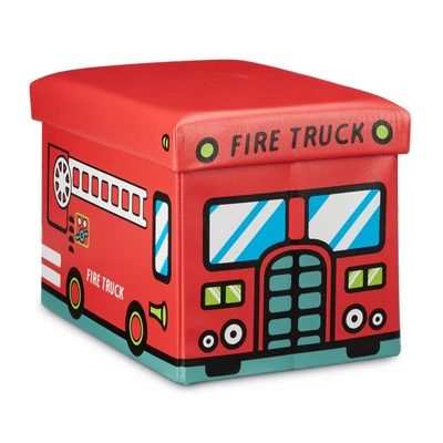 tűzoltó autó mintás gyerek puff tárolóval műbőr kárpittal