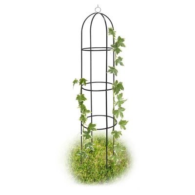 sötétzöld színű k alakú rózsafuttató obeliszk és növénytámasz acélból 