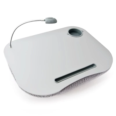 Szürke színű műanyag laptop és tablet tartó integrált pohártartóval és led lámpával