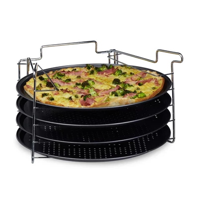 4 sütőformás sütőben használható pizzakészítő szett acél állvánnyal