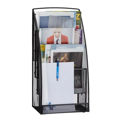 Fomla fekete színű magazintartó állvány szabadonálló kialakítással fémhálós acél alapanyagból