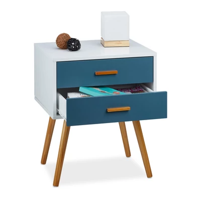 Alrik matt kék színű ajtóval és fa lábakkal szerelt minimal design skandináv stílusú éjjeliszekrény