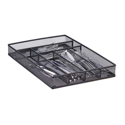 Fekete színű hálós kivitelű evőeszköztartó fiókbetét kanalakkal és villákkal