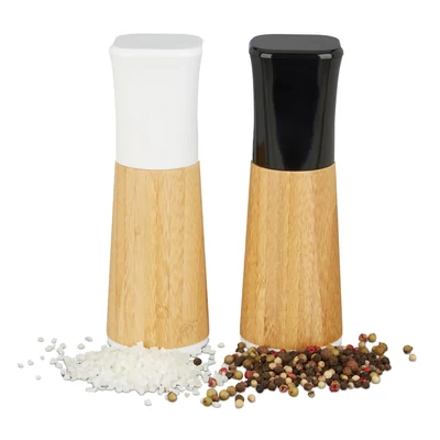 Bükkfa és műanyag kézi fűszerörlő és fűszermalom 2 darabos szettben
