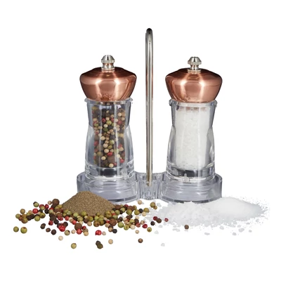 Spice fűszerörlő és fűszermalom szettben műanyag tartóval rézből készült díszkupakokkal