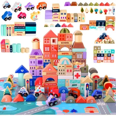 Városépítő Fakocka Gyerekeknek 115 Darabos + Puzzle Szőnyeg