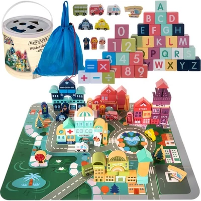 Városépítő Fakocka Gyerekeknek 100 Darabos + Puzzle Szőnyeg + Tárolódoboz + Tárolózsák