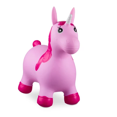 Rózsaszín unikornis alakú ugráló állatka szemből üresen használatkészre felfújva
