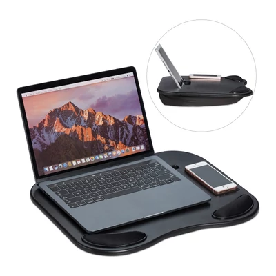 Zipa kisméretű fekete laptop tartó párna egy kisebb méretű laptoppal