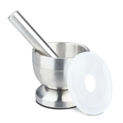 Kisméretű rozsdamentes acél mozsár műanyag tetővel és fém törővel