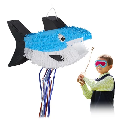 cápa formájú kék fehér és fekete színösszeállítású pinata