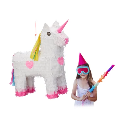 Egyszarvú formájú rózsaszín--fehér pinata megtölthető belsővel  felakasztható kivitelben