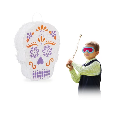 Mexikói koponya formájú színes pinata fehér és lila színösszeállításban