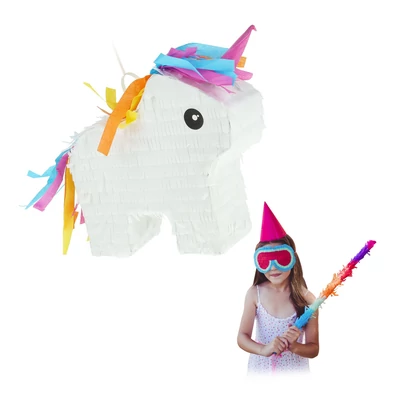 Fehér színű mini egyszarvú pinata szívárványszínű sörénnyel