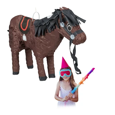 Barna ló és paci alakú pinata kislánnyal papírból 