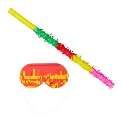 Pinata ütő és szemfedő papírból készült színes borítással