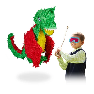 Piros, zöld, sárga színű sárkány alakú pinata keménypapírból