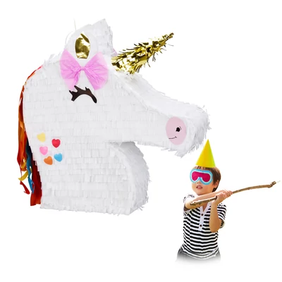 Unikornis fej mintájú pinata fehér színben arany színű szarvval