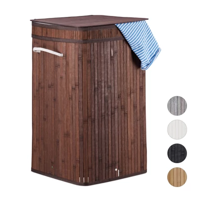 Sötétbarna színű szögletes polti szennyeskosár fonott kötél fülekkel és zárható fedéllel