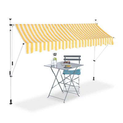 Feltekerhető napellenző 300 x 120 cm méretben kék-sárga csíkos árnyékolóval