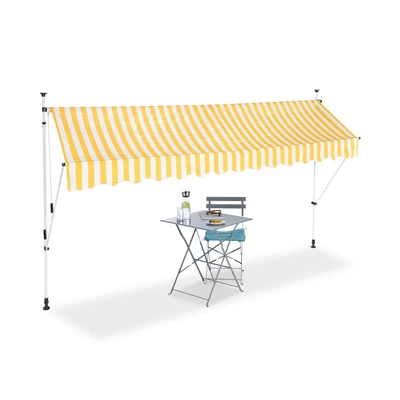 350 x 120 cm méretű ejtőkaros feltekerhető napellenző fehér-sárga csíkos árnyékolóval