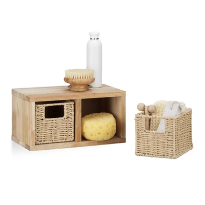 Diófából készült 2 rekeszes fürdőszobai polc kivehető kosarakkal szettben