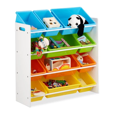 Lizi nagyméretű színes műanyag kivehető tárolódobozokkal felszerelt gyerekszobai polc különböző játékokkal