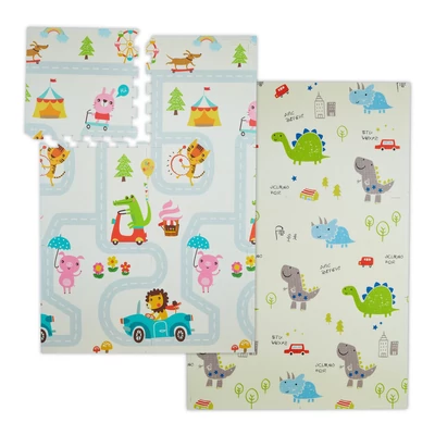 Dinoszaurusz és utcai állatkás mintás kétoldalas puzzle játszószőnyeg gyerekeknek