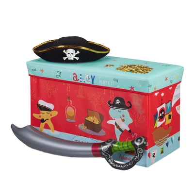 Piros színű rajzolt kalózos mintákkal dekorált gyerekszobai összecsukható puff belső tárolórésszel