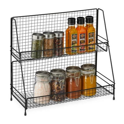 Polda fémből készült kétszintes acélrácsos fűszertartó állvány fűszertartó tégelyekkel