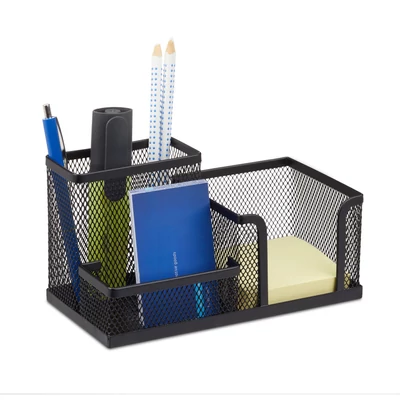 Morti fekete színű fémhálós jegyzettömb tartó tolltartó rekesszel 