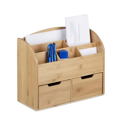 Pelle íróasztal rendszerező bambuszból két kihúzható polccal és felső fakkos kialakítással