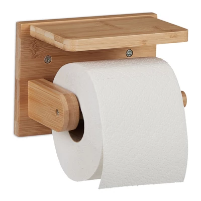 Nokka bambusz fali wc papír tartó egy tekercs wc papírral és kis méretű polccal a tetején