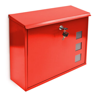 piros színű kültéri postaláda betekintőnyilásokkal