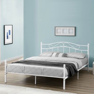 bagira fém ágykeret fehér színben160 x 200 cm méretben kék falú hálószobában
