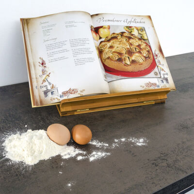 Bambusz  Könyv, kotta és szakácskönyvtartó állvány konyhapulton szakácskönyvvel