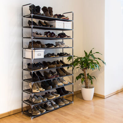 cipőtartó állvány 50 pár cipőnek az előszobában fekete színben