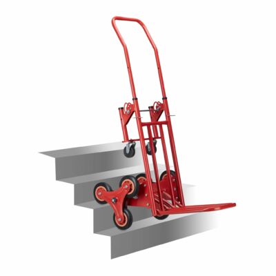 Piros színű összecsukható lépcsőjáró molnárkocsi állítható magasságú húzókarral