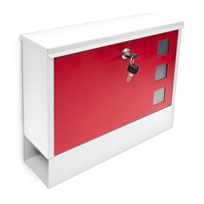Piros-fehér kerítésre és falra szerelhető kültéri postaláda újságtartóval és nyitható első ajtóval