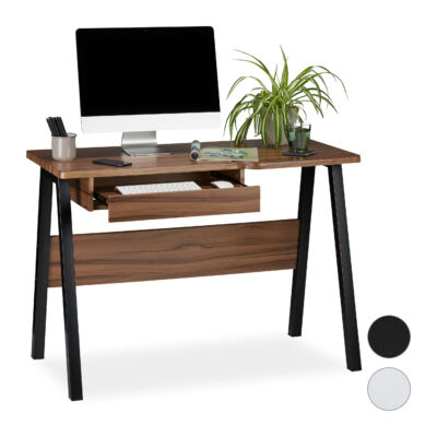 Modern íróasztal fekete vázzal és fahatású asztallap moniorral és szobanövénnyel